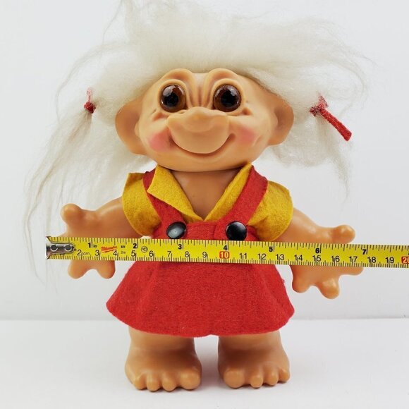 Troll Doll Thomas Dam Denmark Smiling Felt Dress Hair Bows Vintage Approx 8" - Picture 6 of 12